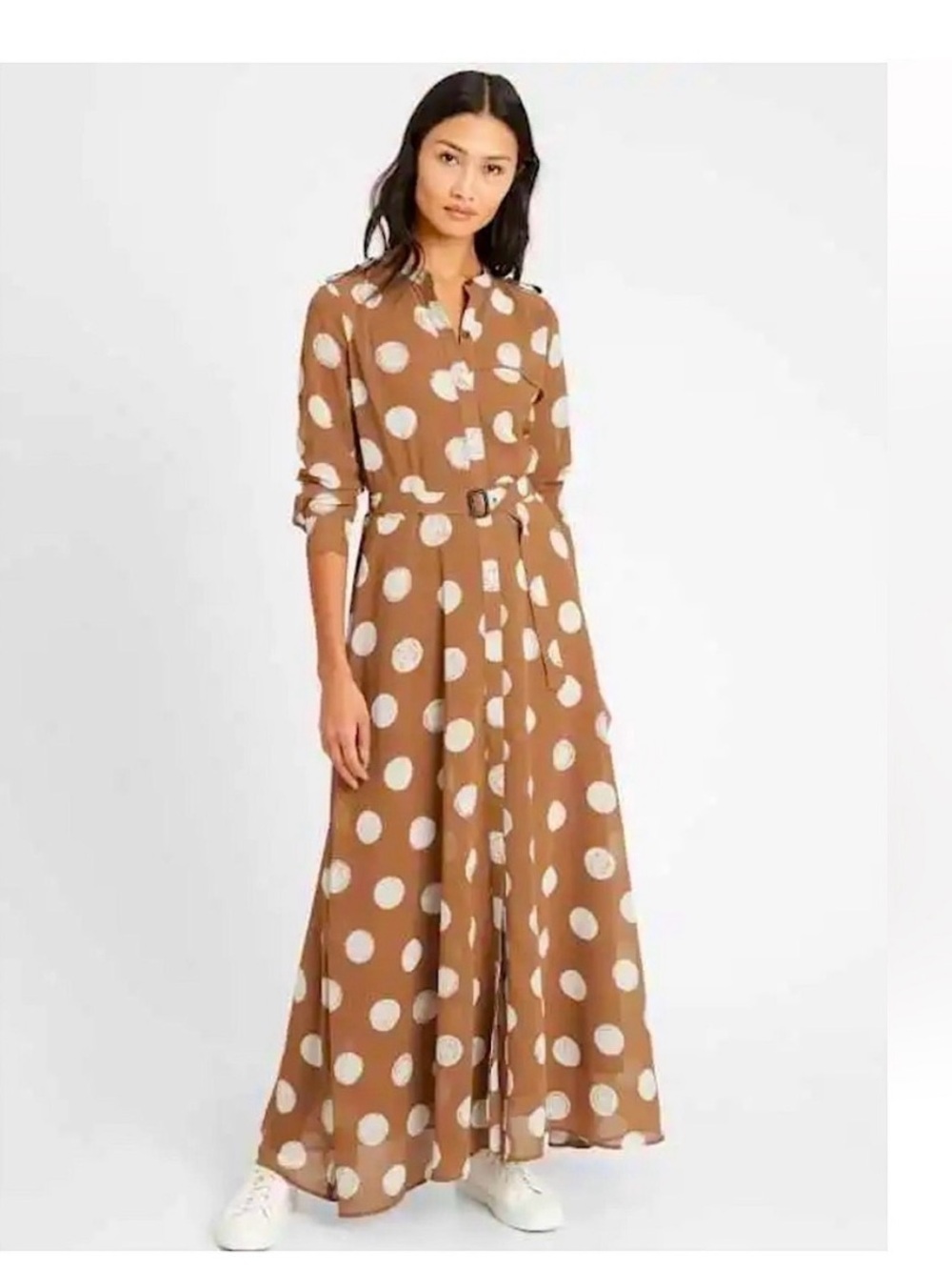 Banana Republic Tan and White Polka-Dot Midi Dress
